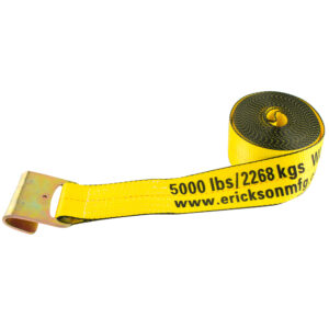 ERICKSON 58700 3-inch x 30-foot winch strap product image showing rolled yellow webbing, a flat hook and printed 5,000 lb working load limit on a white background.