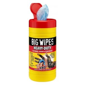 BIG WIPES BW010961 Heavy-Duty 80-count cleaning wipes product image showing a yellow tub with an open red lid and a wipe protruding on a white background.
