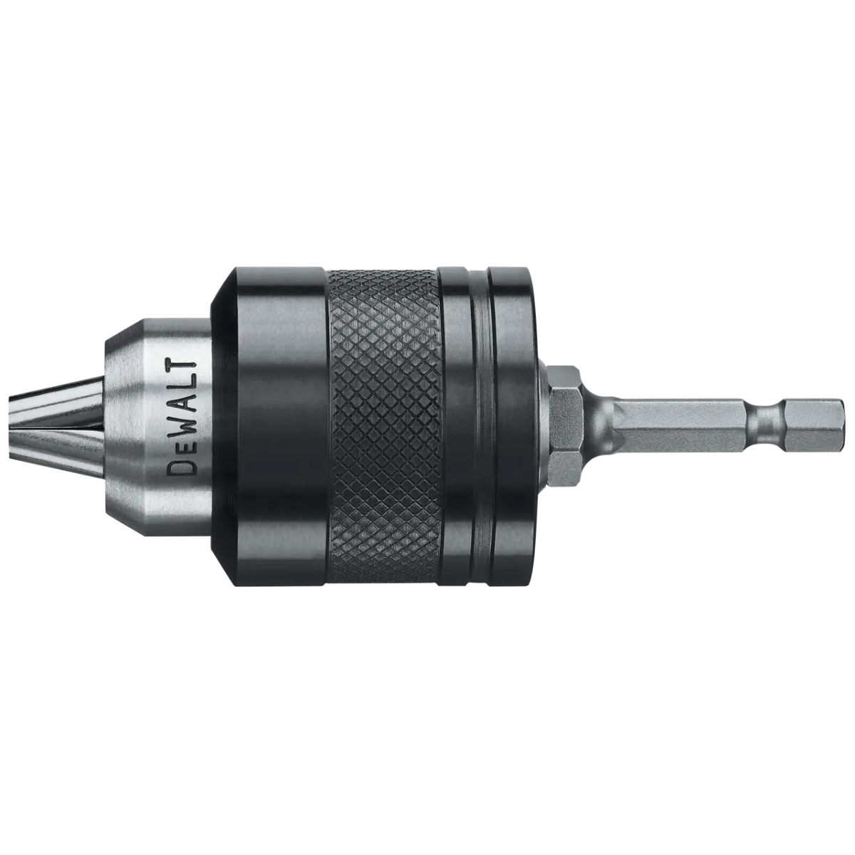 DEWALT DW0521 3/8 in. Quick-Connect Impact Chuck product image showing knurled sleeve and 1/4 in. hex shank on a white background.