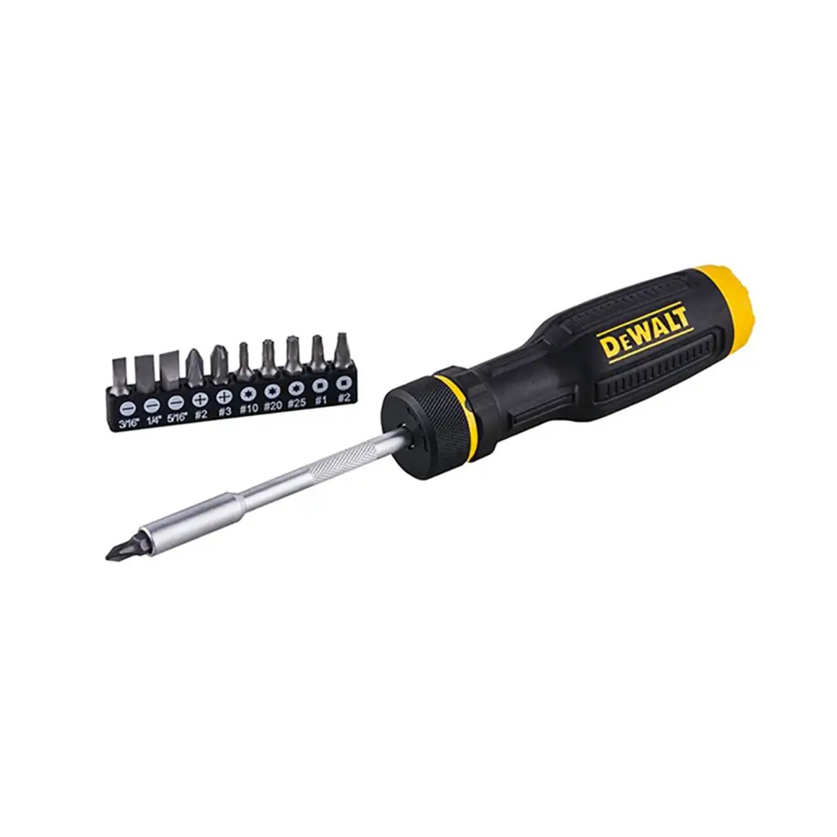 DEWALT DWHT68002 MAXFIT 11-piece ratcheting multi-bit screwdriver set product image showing screwdriver and bit holder with assorted bits.