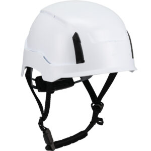 PIP HP1242R-01 RZRBack white industrial safety helmet product image showing non-vented shell and black four-point magnetic chin strap.
