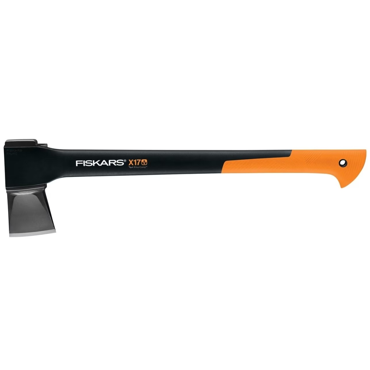 FISKARS X17 Splitting Axe side view showing the exposed splitting blade, black handle and orange hooked grip.