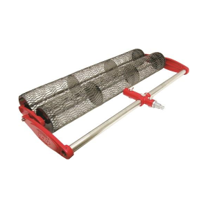 Marshalltown 14459 36-inch concrete roller tamper with dual mesh rollers, red frame, and handle adapter.