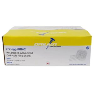 HDG 2″ Galvanized Ring Coil Nails, SKU 21-20CFHDG, product image showing a box of 9,000 hot-dip galvanized ring shank coil nails.