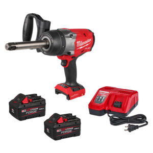 MILWAUKEE 2969-22 M18 FUEL 3/4″ Extended Anvil Impact Wrench with ONE-KEY Kit product image with two FORGE XC8.0 batteries and rapid charger.