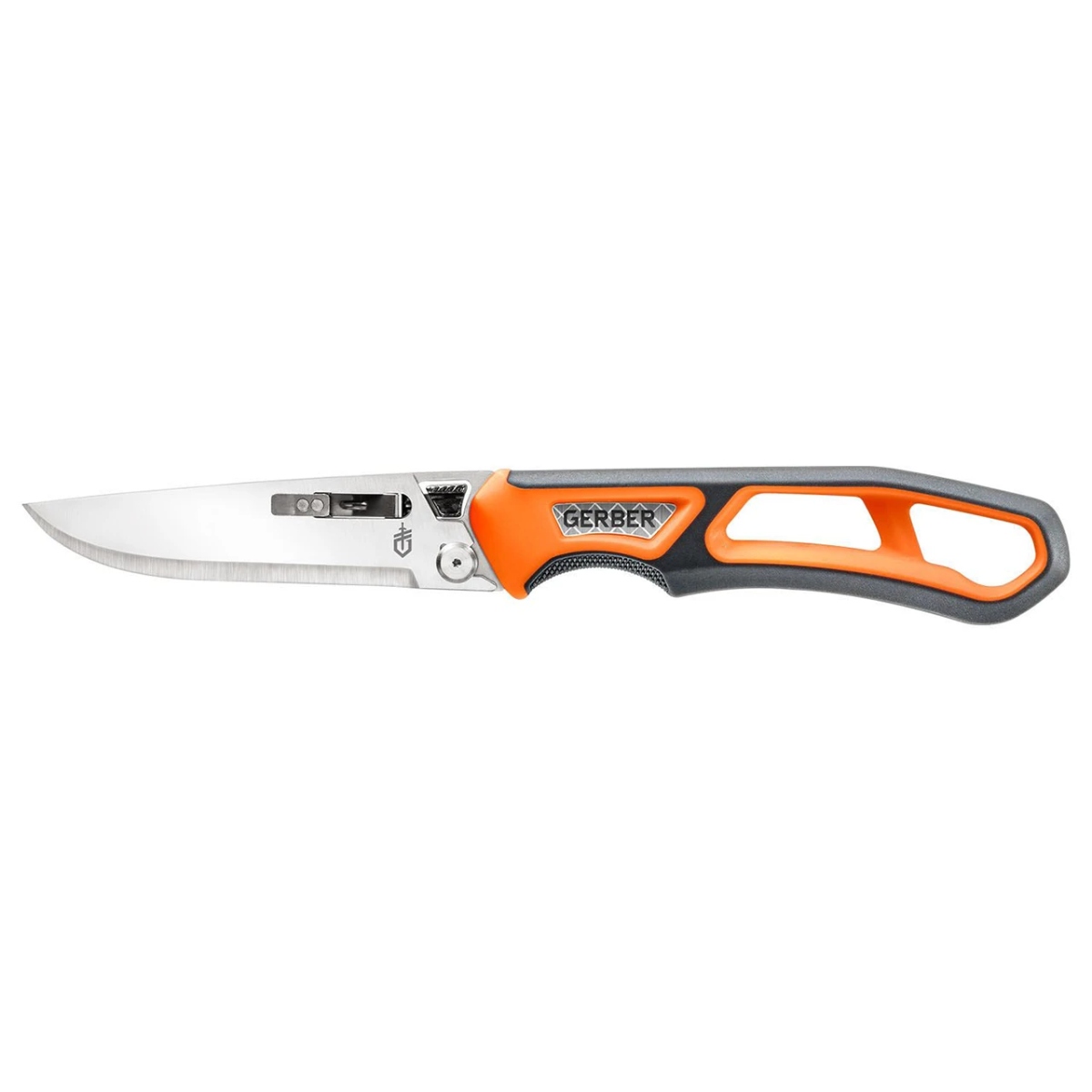 GERBER 31-003857 Randy Newberg Exchangeable Blade Hunting Knife product image with attached blade and orange and black skeletonized handle.