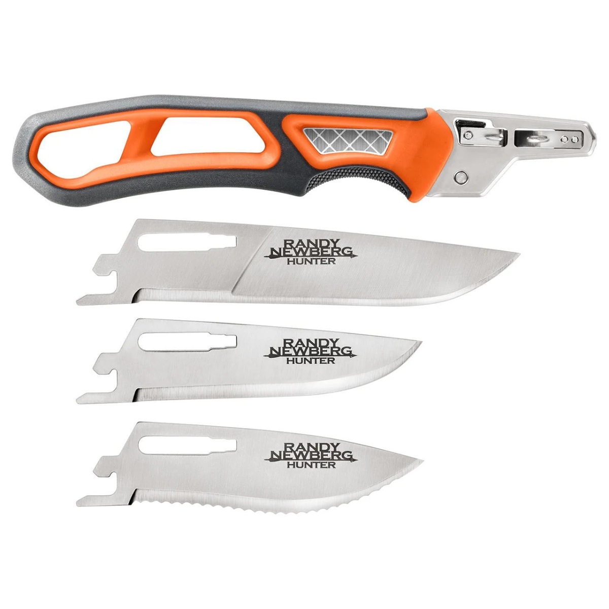 GERBER Randy Newberg knife handle with three detached exchangeable blades, including two plain-edge blades and one serrated blade.