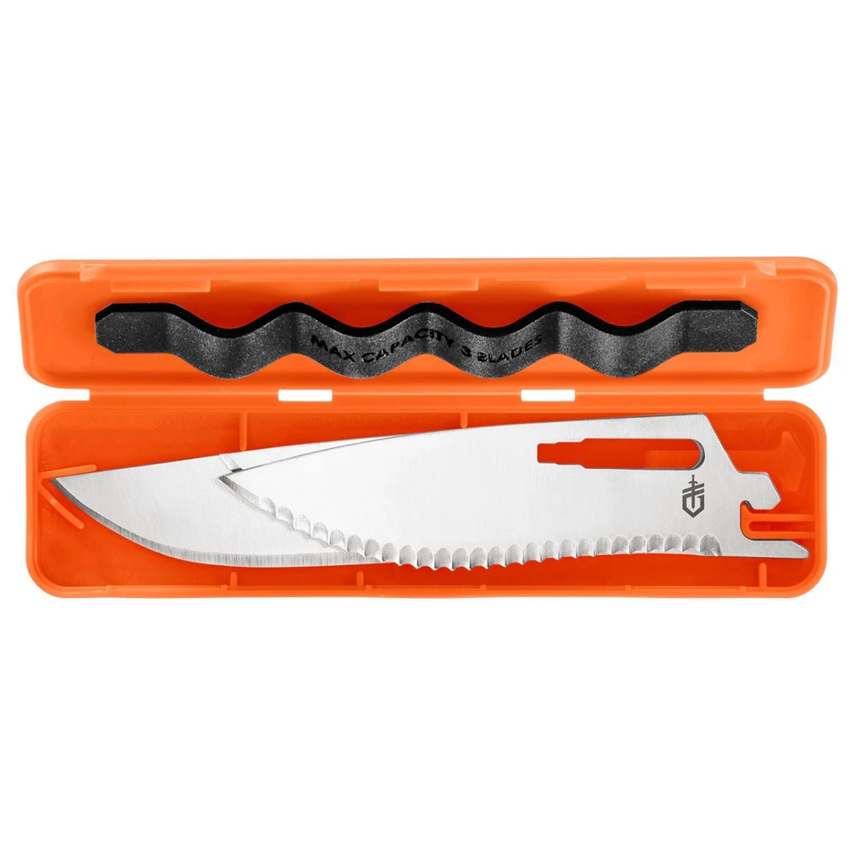 GERBER Randy Newberg blades stored inside an open orange Quiet Carry case with a black retaining insert.