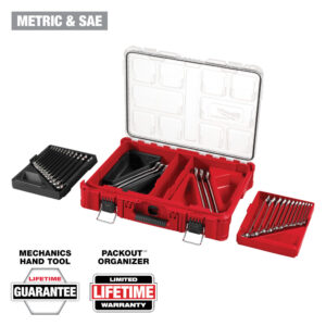 Milwaukee 30-piece metric and SAE combination wrench set in an open PACKOUT organizer with removable wrench trays and warranty information.