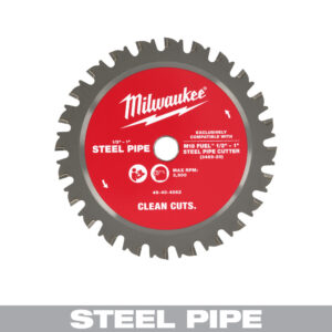 MILWAUKEE 48-40-4062 1/2″–1″ Steel Pipe Cutting Blade product image showing carbide teeth and red blade face.
