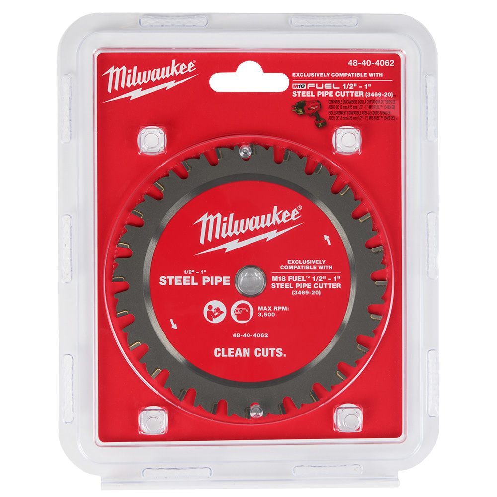 MILWAUKEE steel pipe cutting blade in clear retail packaging.