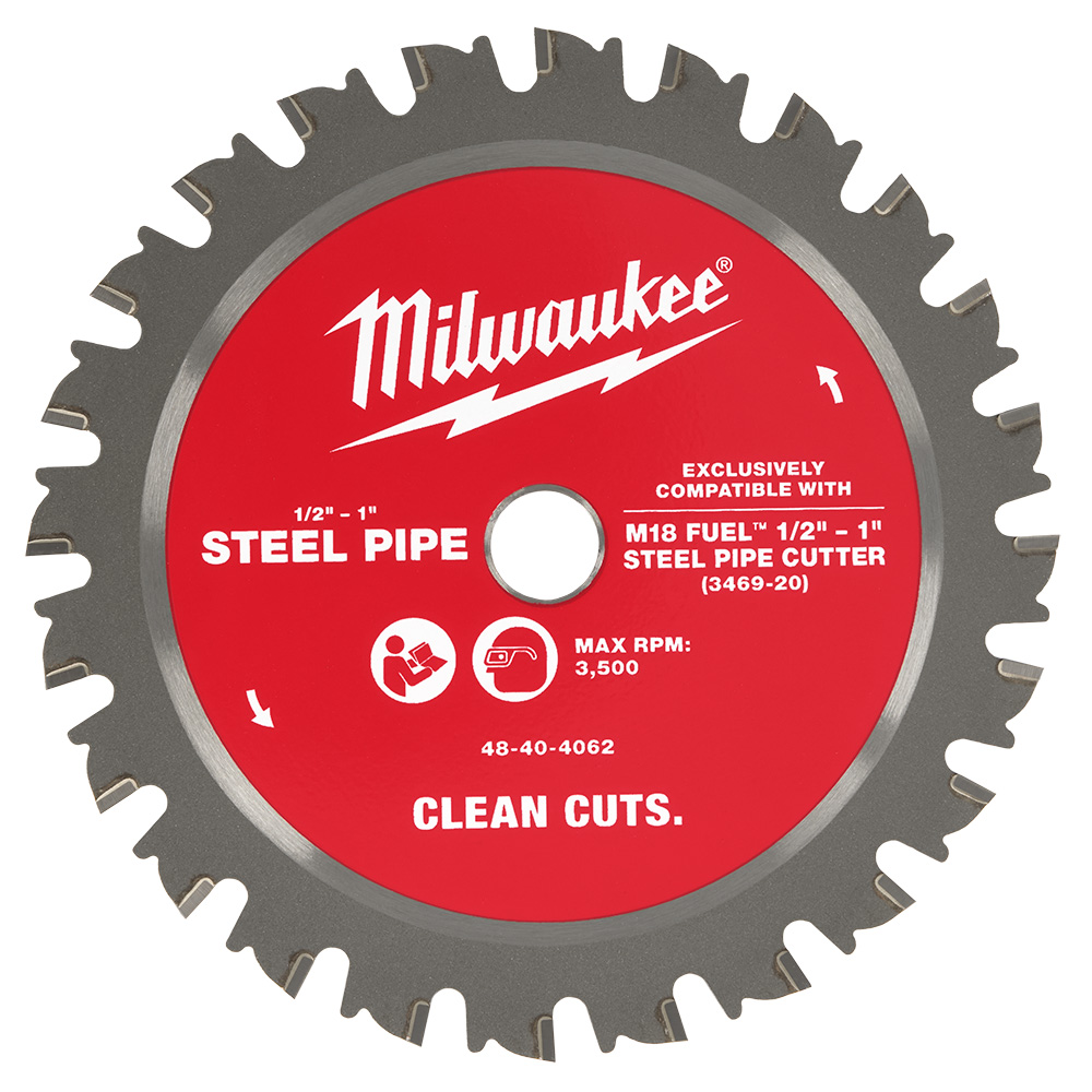 Close-up of MILWAUKEE steel pipe cutting blade showing carbide teeth and blade markings.