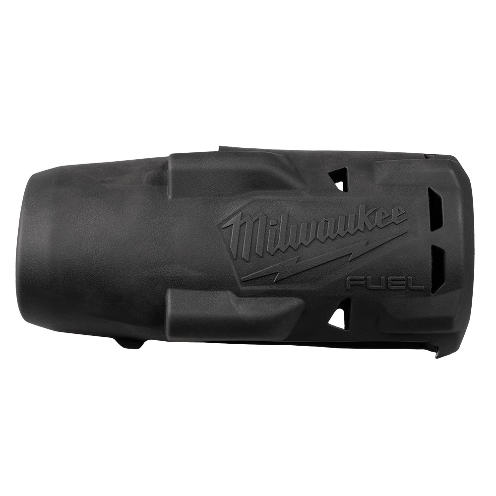 Close-up side view of the black MILWAUKEE protective boot showing moulded branding and ventilation openings.