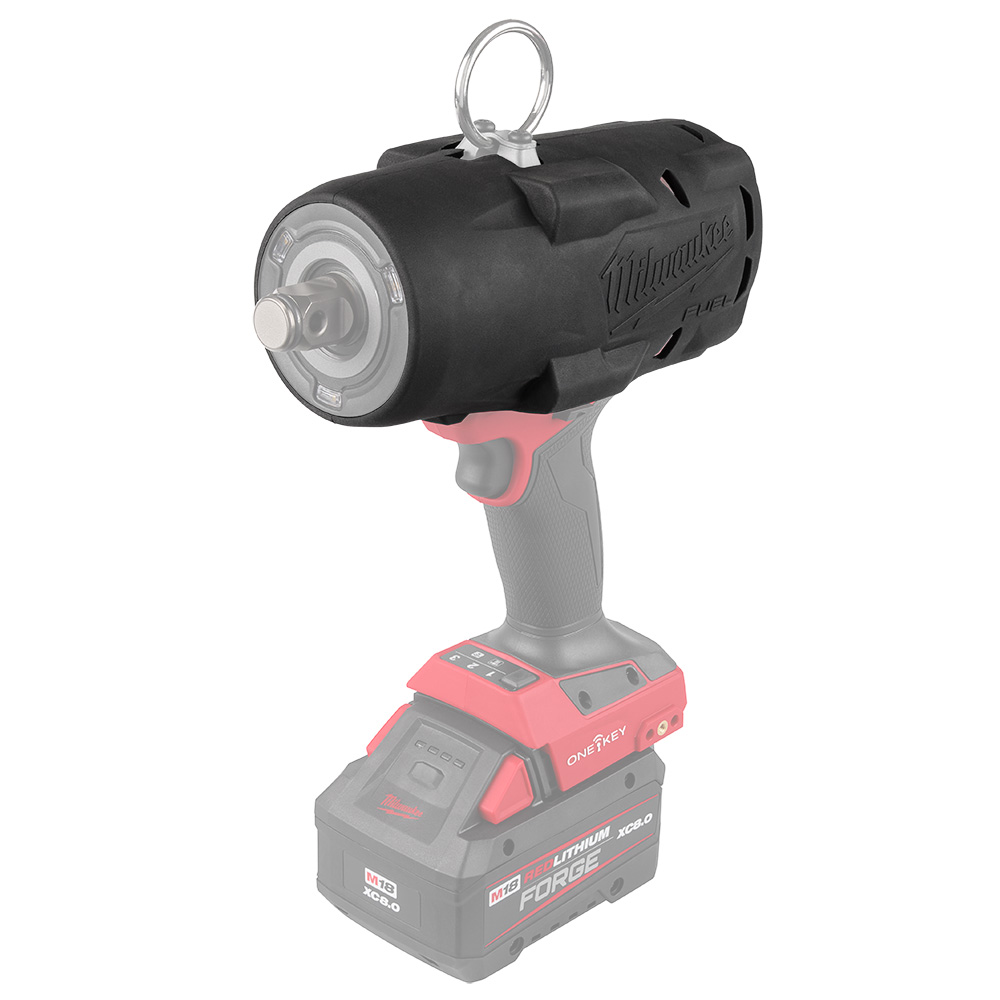 MILWAUKEE protective boot installed on an M18 FUEL high torque impact wrench, leaving the anvil and tri-LED lights exposed.