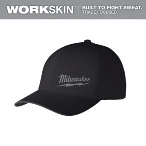 MILWAUKEE 507B-LXL WORKSKIN Black Performance Fitted Hat product image showing the curved visor and grey Milwaukee logo beneath a WORKSKIN banner.