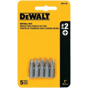 DEWALT DW2105 #2 Phillips 1-inch drywall bit tips, 5-pack in yellow retail packaging, product image.