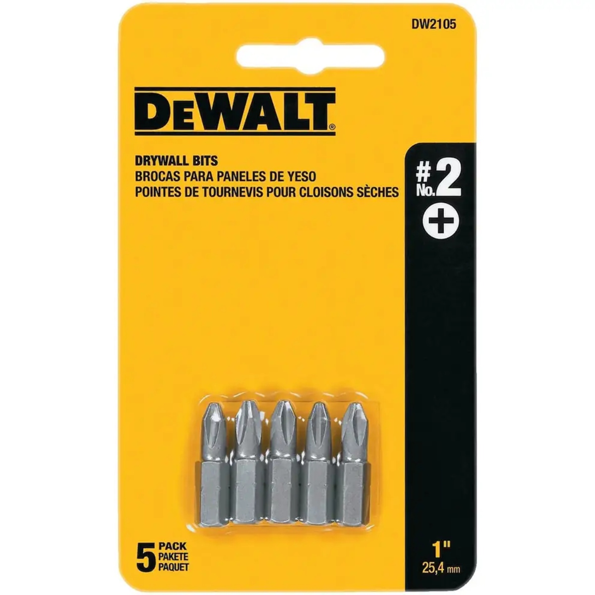 DEWALT DW2105 #2 Phillips 1-inch drywall bit tips, 5-pack in yellow retail packaging, product image.