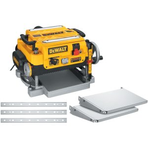 DEWALT DW735XCAN 13" two-speed thickness planer with infeed and outfeed tables and an extra three-knife set.