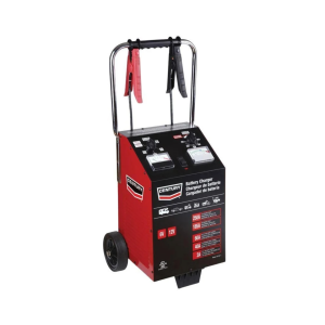Century K3150-1 6/12V wheeled battery charger with 250A engine start, dual meters, and red and black battery clamps.