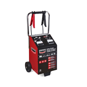 Century K3151-1 6/12/24V wheeled battery charger with 225A engine start, dual meters, and red and black battery clamps.