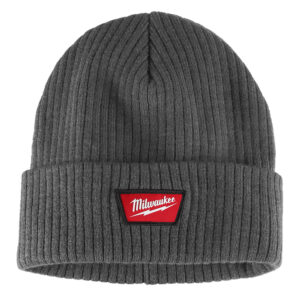 MILWAUKEE M750G Grey Rib-Knit Cuffed Beanie product image showing the front view with a folded cuff and red Milwaukee logo patch.