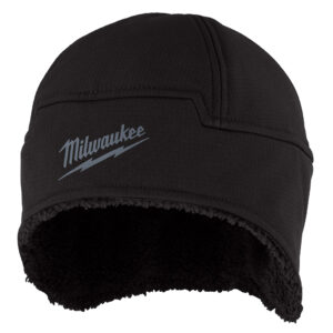 MILWAUKEE M755B-LXL Black Sherpa-Lined Beanie product image showing an angled front view with a grey Milwaukee logo and sherpa lining visible along the contoured edge.