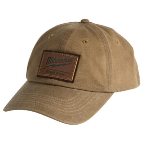 MILWAUKEE M772K Khaki Waxed Canvas Adjustable Hat product image showing an angled front view with a curved visor and stitched leather logo patch.